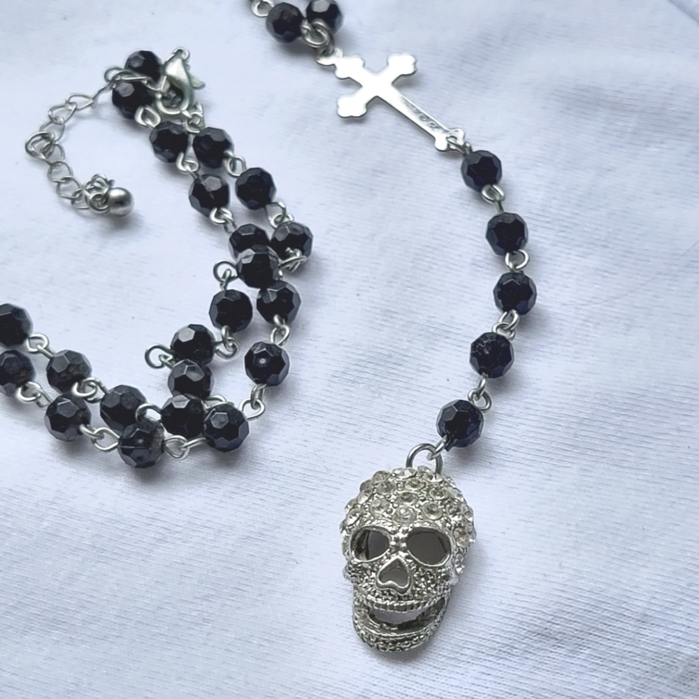 Skull Cross Rosary Beads Black Silver Rhinestone Witchy Necklace Layering Gothic